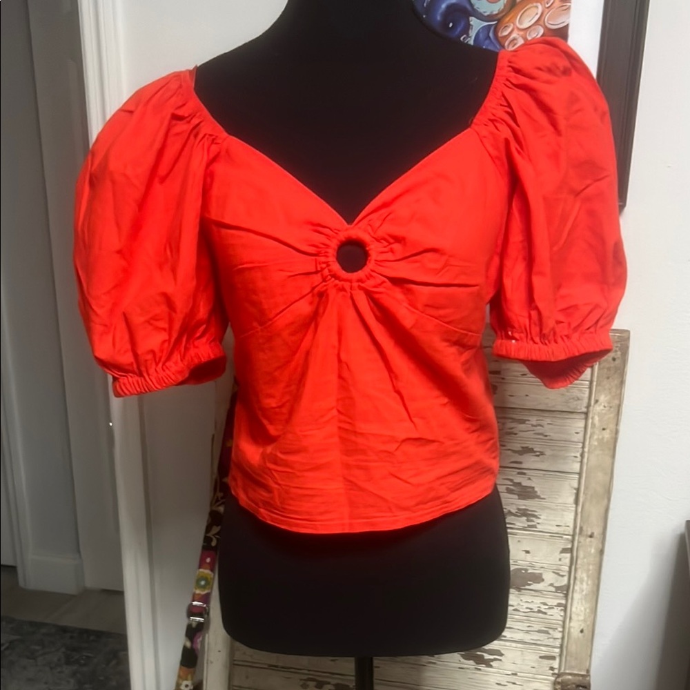 Red Ruched Crop Top with Puff Sleeves